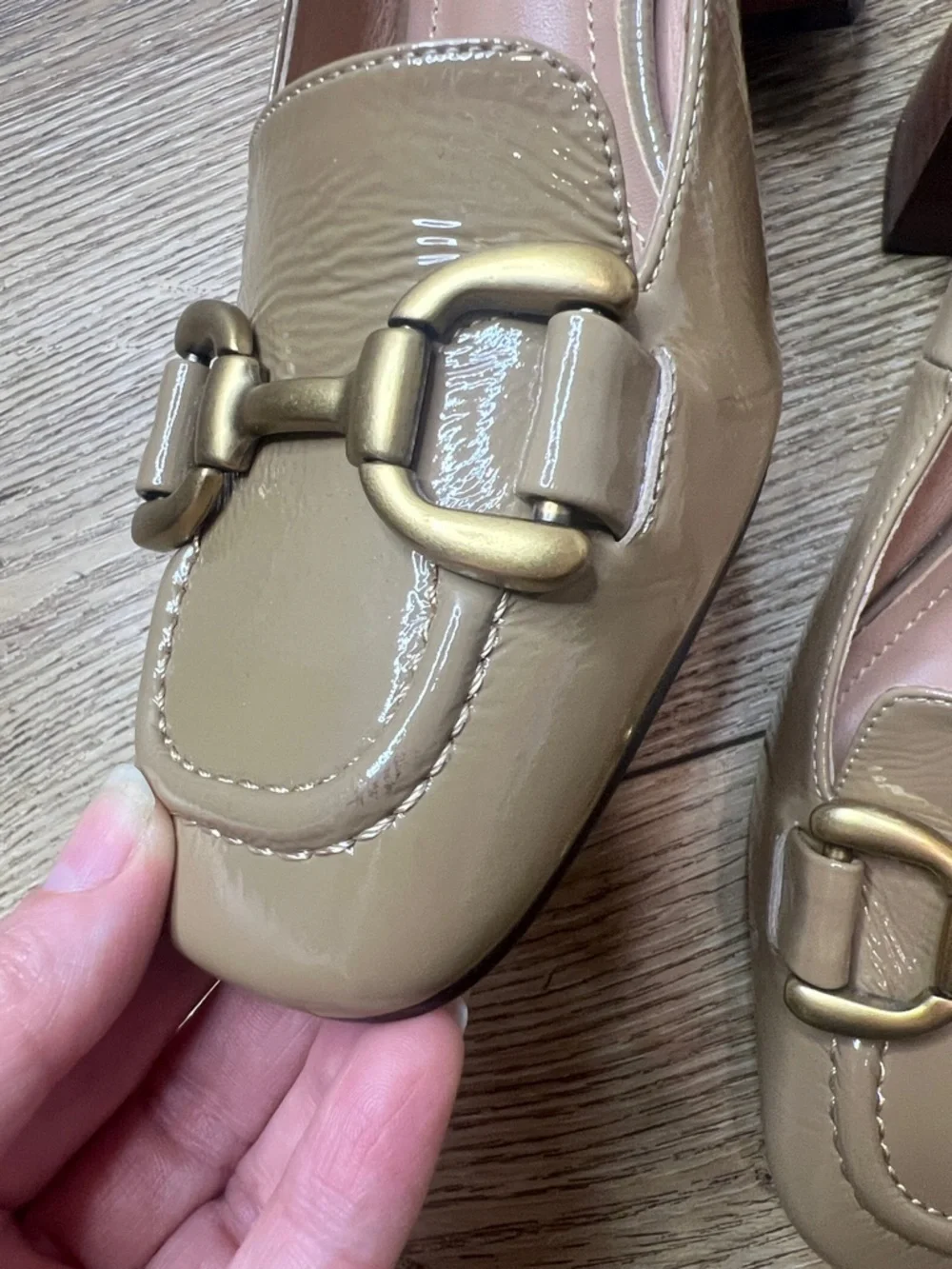 Anthro Bibi Lou Zagreb Light Brown Patent Leather Loafer w/Wood Stacked Heel 7US